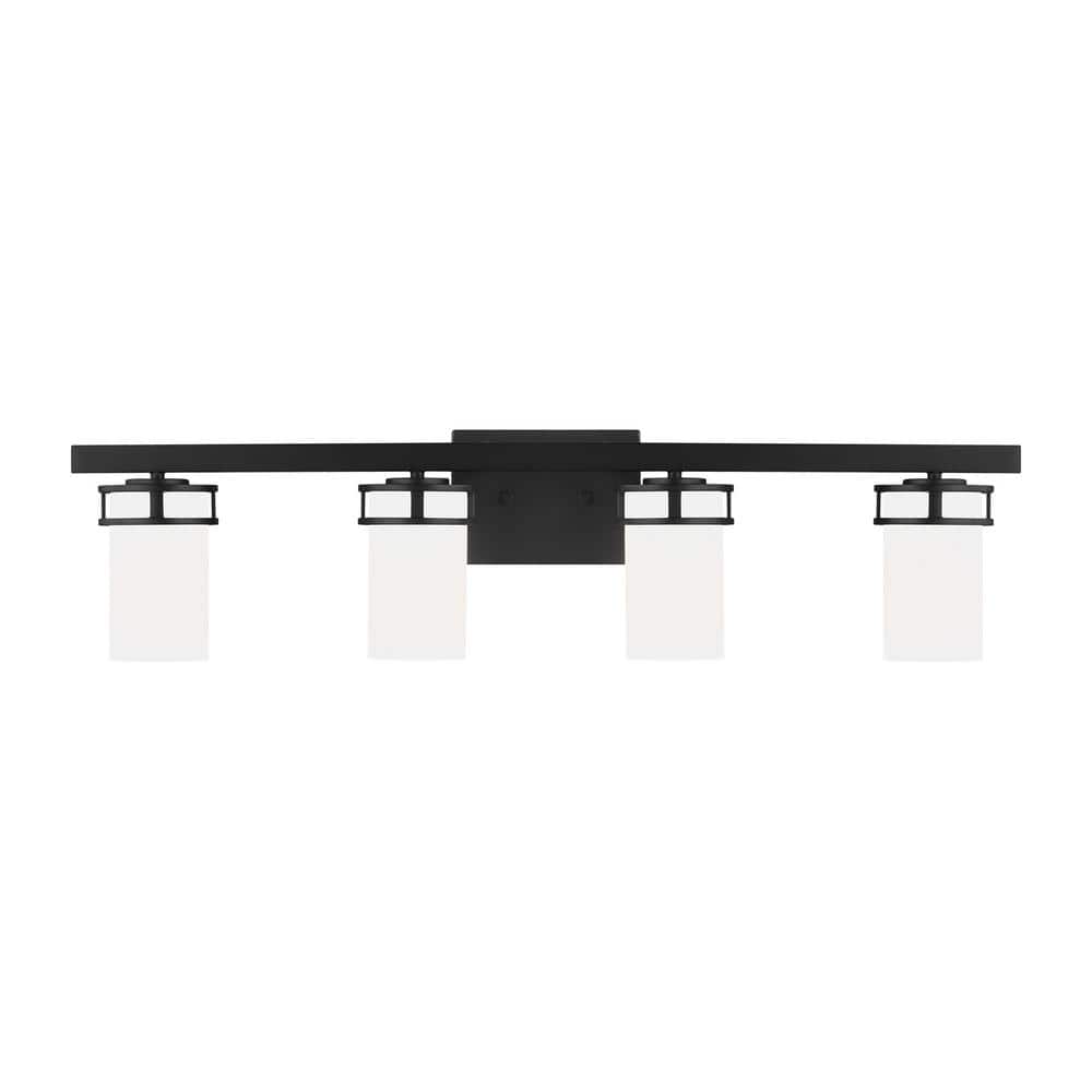 Robie 34 in. 4-Light Matte Black Transitional Rustic Wall Bathroom Vanity Light with White Glass Shades and LED Bulbs price history on PriceWatchPro