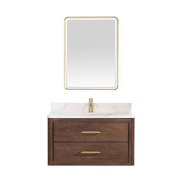 ROSWELL Cristo 36 in. W x 22 in. D x 20.6 in. H Single Sink Bath Vanity in Dark Brown with White Quartz Stone Top and Mirror