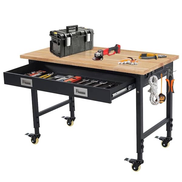 48 in. x 24 in. Adjustable Workbench, 2000 lbs Capacity Heavy Duty Rubber Wood Table with Drawer & 4 Rolling Casters