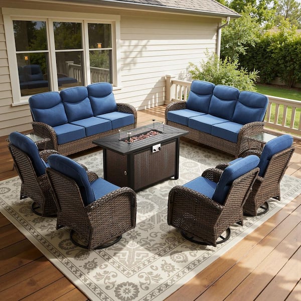 Luna Brown 9-Piece Wicker Outdoor Patio Fire Pit Deep Seating Set with 6 in. Olefin Navy Blue Cushions