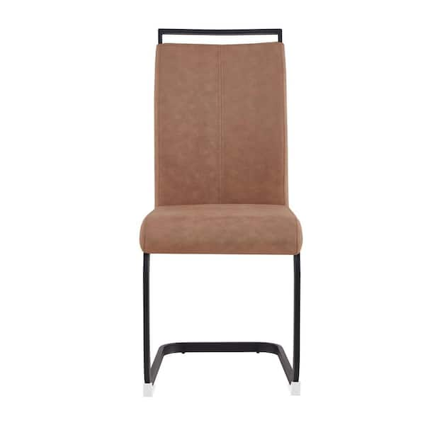 Modern Brown Leathaire Fabric High Back Upholstered Chair with C-Shaped Tube Metal Legs for Dining Room (Set of 4)