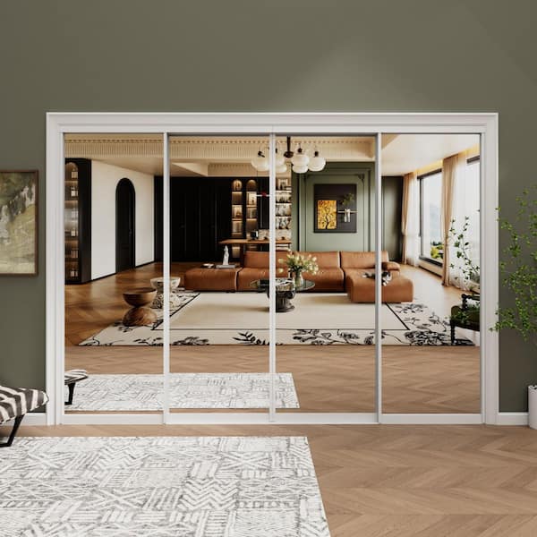 96 in. x 80 in. 1-Lite White Mirrored Glass and Aluminum Frame Finished Closet Sliding Door with Hardware Kit