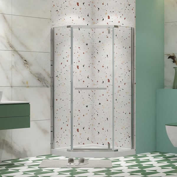 MEDUNJESS Pilas 35 in. W x 72 in. H Neo-Angle Pivot Frameless Corner Shower Enclosure in Chrome with 1/4 in. (6mm) Clear Glass