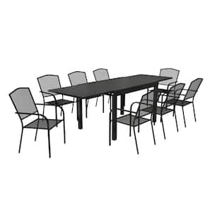 9-Piece Black Metal Patio Outdoor Dining Set with Extendable Table and Steel Mesh Chairs
