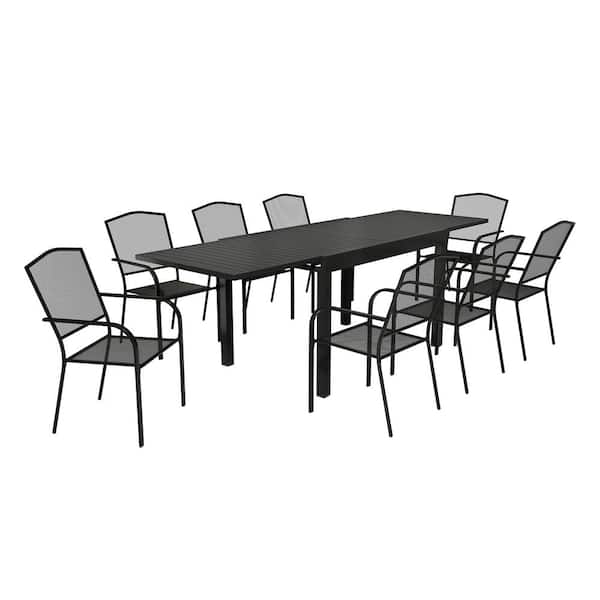 Unbranded 9-Piece Black Metal Patio Outdoor Dining Set with Extendable Table and Steel Mesh Chairs