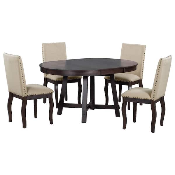 Polibi 5-Piece Farmhouse Espresso Extendable Wood Top Dining Room Set Seats 4