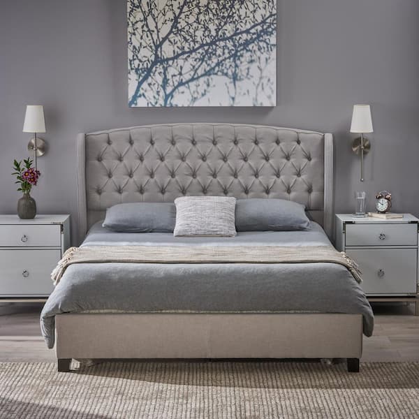 Fully Upholstered Fabric Queen Bed Set, Light Gray Padded Headboard