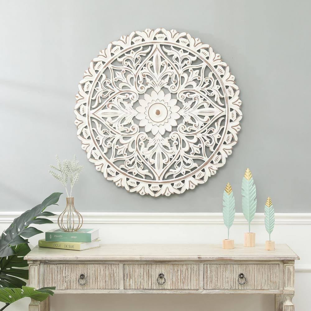 Distressed White and Brown Wood Floral Mandala Wall Art