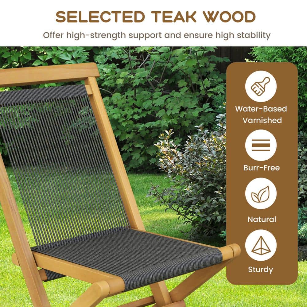 Natural Teak and Black Woven Rope Folding Patio Chairs, Set of 2