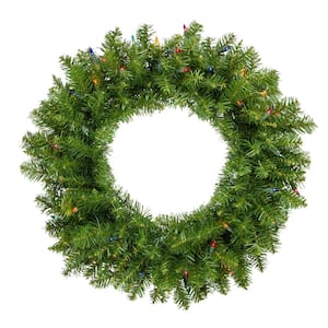 24 in. Green Pre-Lit Incandescent Rockwood Pine Artificial Christmas Wreath 24 in. Multi Lights
