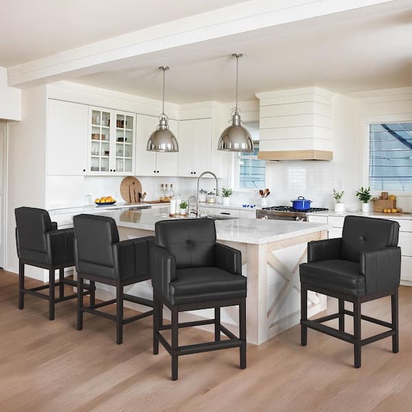 26 in H Black Faux Leather Counter Height Bar Stool Solid Wood Frame Bar Stool with Pleated Design Set of 4