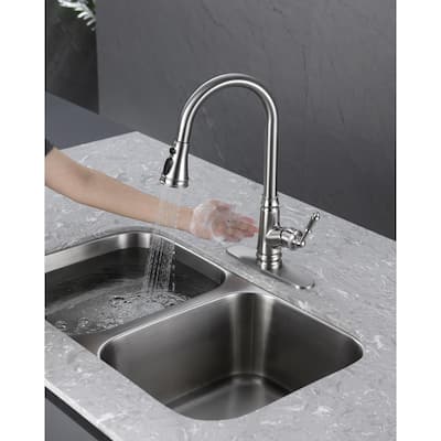 Touchless Single Handle Deck Mount Gooseneck Pull Down Sprayer Kitchen Faucet with Deckplate in Brushed Nickel
