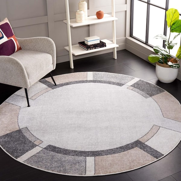 Phoenix 7 ft. x 7 ft. Light Gray/Beige Charcoal Geometric Border Round Area Rug
