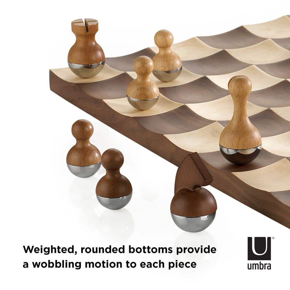Modern Walnut and Maple Wobble Chess Set with Chrome Accents