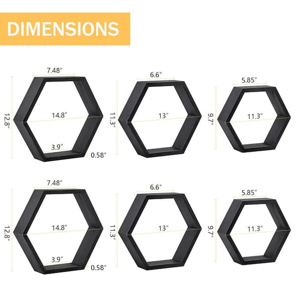 Hexagon Floating Shelves Set of 8 Honeycomb Shelves for Wall, Black, Size: Minimum Size: 9.84 x 8.58 x 4.96 Inches, Small Size: 11.42 x 10.04 x 5.83