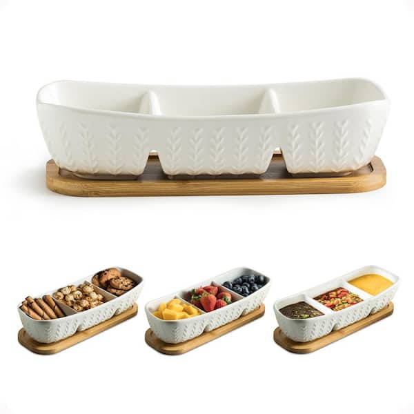 10 in. 3-Compartment White Divided Serving Dishes, Chip and Dip Bowl for Parties, Snacks, Appetizers (Set of 1)