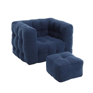 Modern Navy Blue Boucle Square Bean Bag Accent Chair with Ottoman