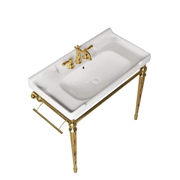 36 in. Vessel Bathroom Sink 18.5 in White Ceramic with Gold Stainless Steel Legs