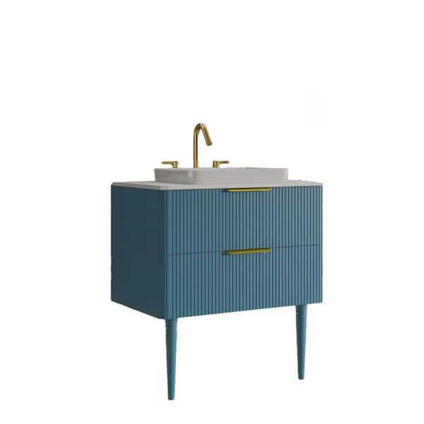 30 in. W Single Sink Freestanding Wall Mounted Blue Bath Vanity with White Ceramic Top and 2 Drawers