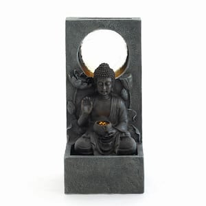 28 in. Stone-Texture Resin Buddha Waterfall Fountain with LED Lights