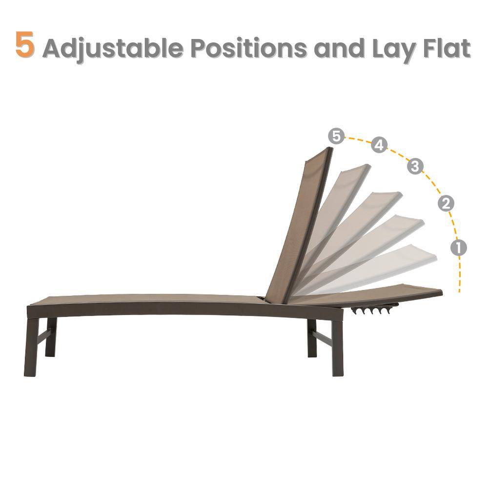 Ergonomic Outdoor Aluminum Lounge Set with Adjustable Chairs & Side Table - Brown