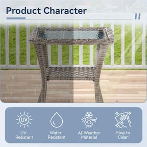 Gray Square Wicker Outdoor Side Table with Tempered Glass Top and Storage Space