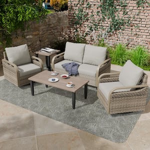 5-Piece Brown Wicker Outdoor Patio Conversation Set with Gray Cushions Loveseat, Swivel Chairs and Wood Grain Top Tables