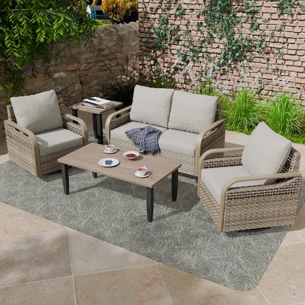 COOS BAY 5-Piece Brown Wicker Outdoor Patio Conversation Set with Gray ...