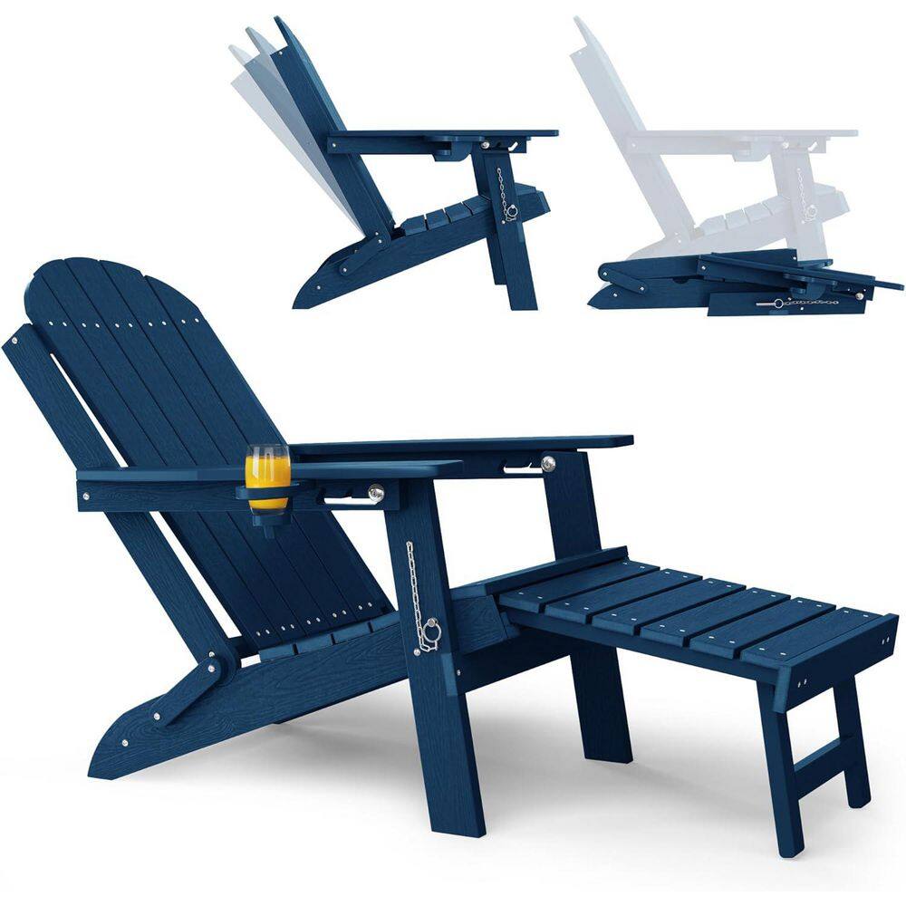 Navy Plastic Outdoor Folding Adirondack Chair with Retractable Ottoman, Adjustable Backrest and Cup Holder price history on PriceWatchPro