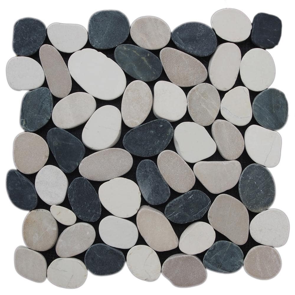 Tile Connection Sliced Pebble Tile Black White Tan 11 1 2 In X 11 1 2 In X 95mm Honed Pebble Mosaic Tile 1012 Sq Ft Case Xs3pbwt The Home Depot