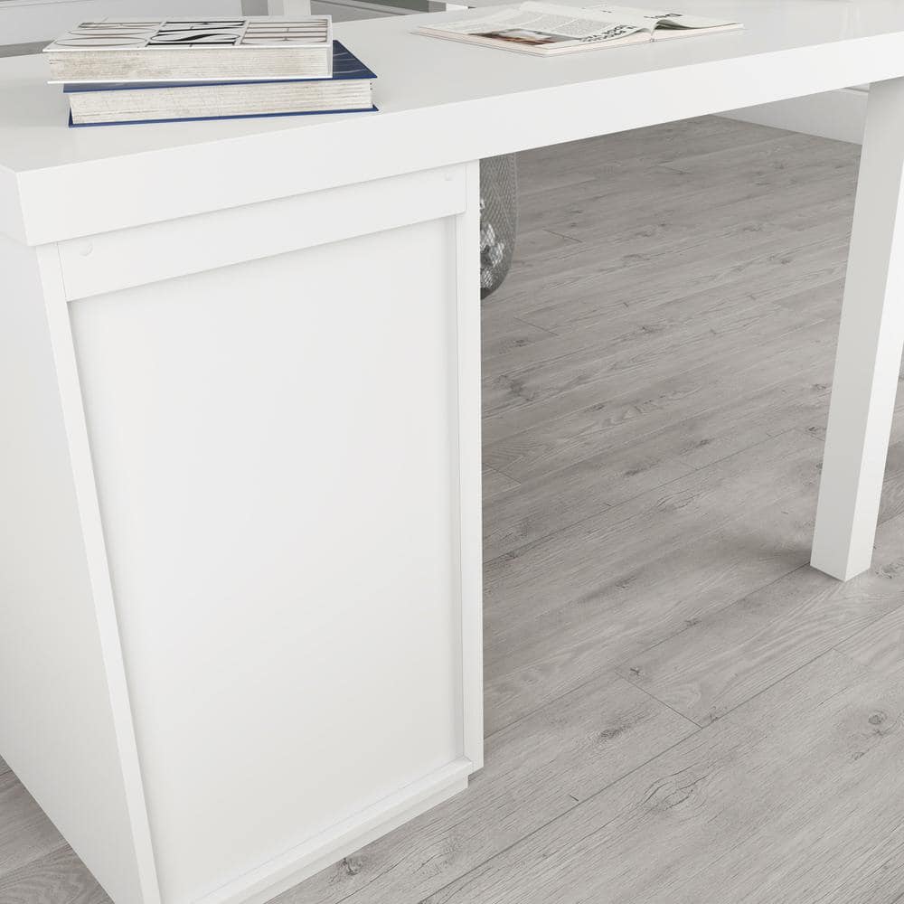 Executive White L-Shaped Desk with Filing Cabinet and Drawers