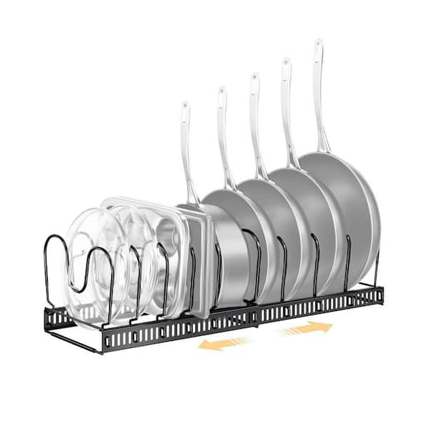 Black Finish Expandable Pan and Pot Lid Rack Drawer Organizer with 10 Adjustable Dividers Anti-Scratch Protection