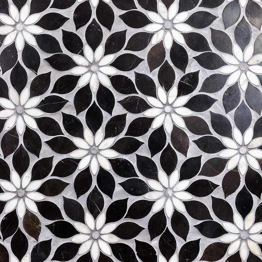 Thistle Black and White Polished Marble Mosaic Tile Sheet