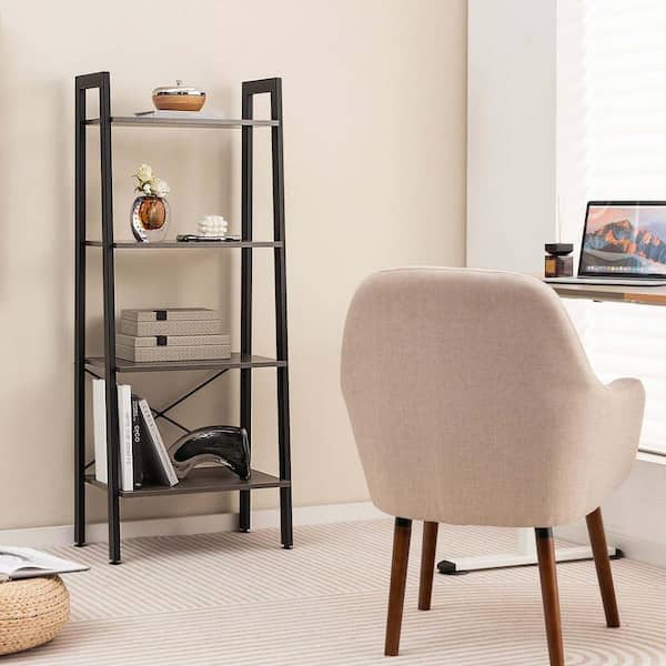 Costway 54.5 in. Tall Oak Gray Metal 4-Shelf Bookcase Industrial Display Storage Shelf Plant Flower Stand