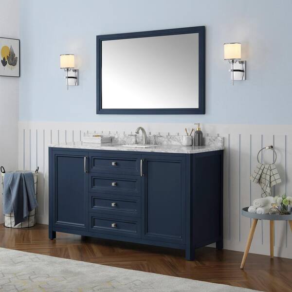 Home Decorators Collection Sandon 60 in. W x 22 in. D Bath Vanity in Midnight Blue with Marble Vanity Top in Carrara White with White Basin