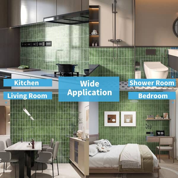Green 9 in. x 11.4 in. SPC&PVC Peel and Stick Backsplash, Heat and Water Resistant Glazed-Ceramic Finish Tiles (10-Pack)