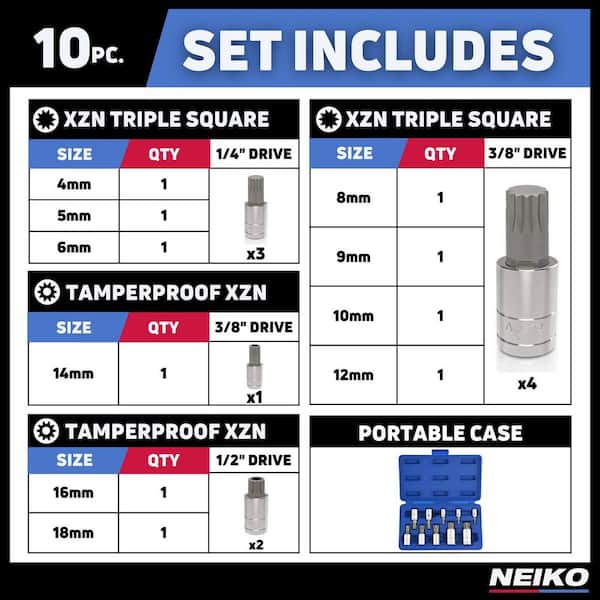 NEIKO 1/4 in. 3/8 in. and 1/2 in. Drive Metric Triple Square