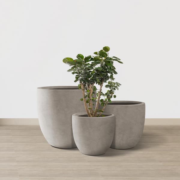20", 16.5" & 13.3"W Round Weathered Finish Concrete Planters Set of 3, Outdoor Indoor w/Drainage Hole & Rubber Plug