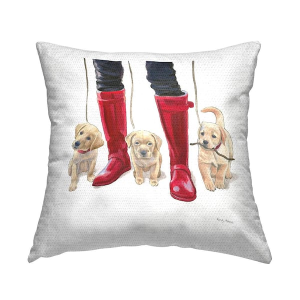 Labrador Puppies Rain Boots Fashion Dogs Red Square Outdoor Throw Pillow