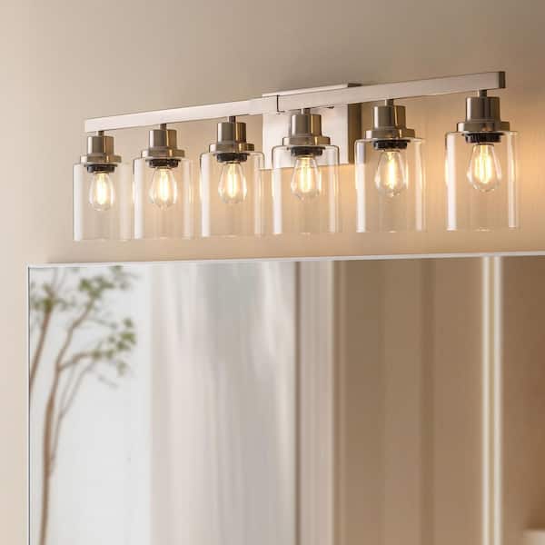 37 in. 6-Light Brushed Nickel Vanity Lights Fixture with Clear Glass Shades and No Bulbs Included