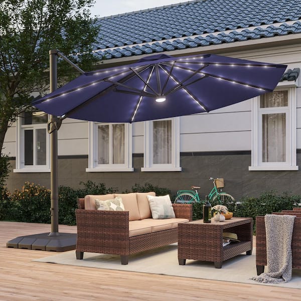 11 ft. Solar LED Round Aluminum Cantilever Outdoor Umbrellas with Base Stand in Navy Blue