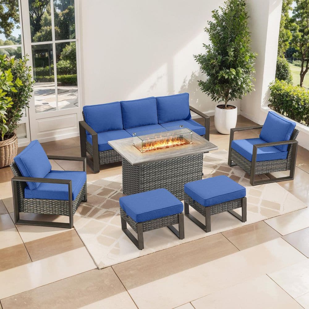 Funky 4-Piece Gray Wicker Patio Fire Pit Conversation Sofa Seating Sets with Blue Cushions and Ottomans price history on PriceWatchPro