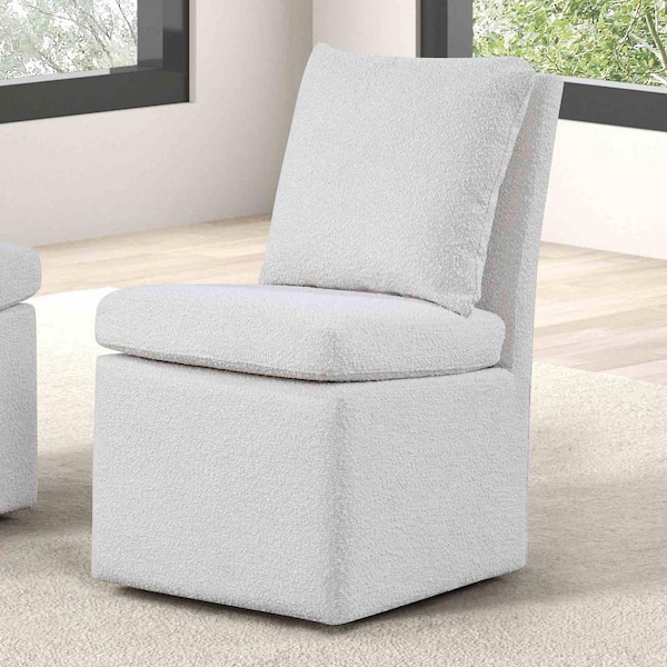 Josiah Modern White Boucle Fabric Upholstered Dining Chair with Wheels, Back Pillow