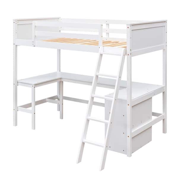Twin size Loft Bed with Shelves and Desk, Wooden Loft Bed with Desk-White