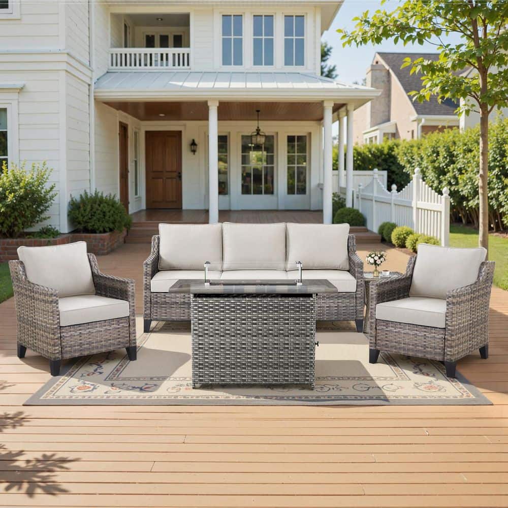 Glissia Gray 5-Piece Wicker Outdoor Patio Fire Pit Deep Seating Set with Beige Cushions and Armchairs price history on PriceWatchPro