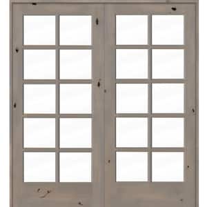72 in. x 80 in. Knotty Alder Universal/Reversible 10-Lite Clear Glass Grey Stain Wood Double Prehung French Door