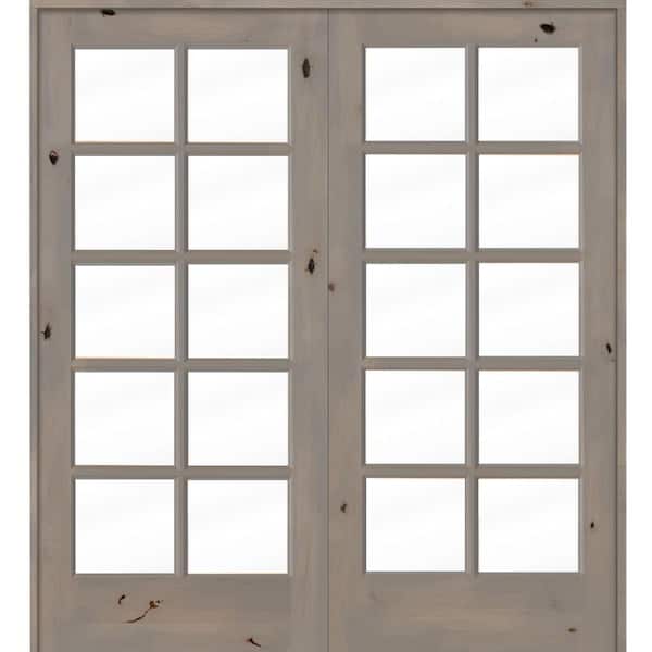 Krosswood Doors 72 in. x 80 in. Knotty Alder Universal/Reversible 10-Lite Clear Glass Grey Stain Wood Double Prehung French Door