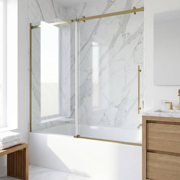 Luca 56 to 60 in. W x 58 in. H Sliding Frameless Tub Door in Matte Brushed Gold with 3/8 in. (10mm) Clear Glass
