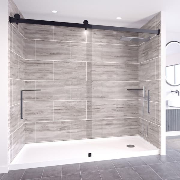 Driftwood-Tetherow 60 in. x 32 in. x 99 in. Floor Ceiling Base Wall Door Alcove Shower Stall Kit Matte Black Right