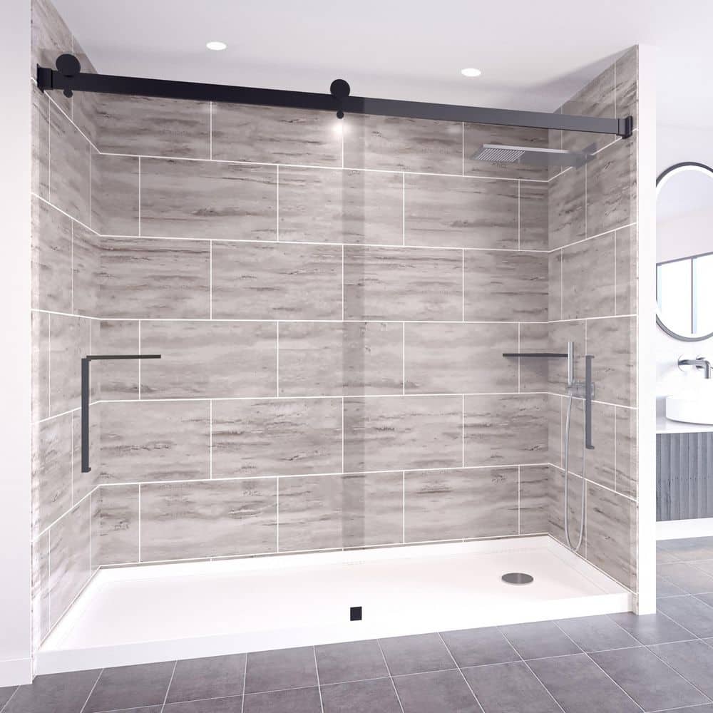 Driftwood-Tetherow 60 in. x 32 in. x 99 in. Floor Ceiling Base Wall Door Alcove Shower Stall Kit Matte Black Right price history on PriceWatchPro